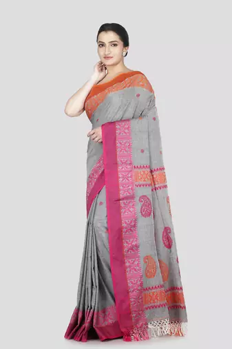 Pinkloom women's grey cotton-sarees with running blouse piece
