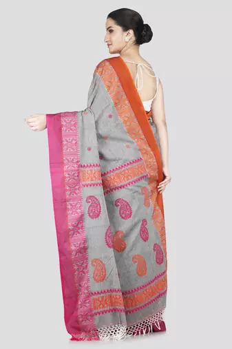 Pinkloom women's grey cotton-sarees with running blouse piece