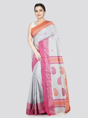 Pinkloom women's grey cotton-sarees with running blouse piece 1