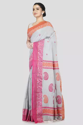 Pinkloom women's grey cotton-sarees with running blouse piece