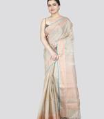 Pinkloom women's beige cotton-silk-sarees with running blouse piece