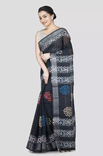 Pinkloom women's multicolor linen-saree with running blouse piece