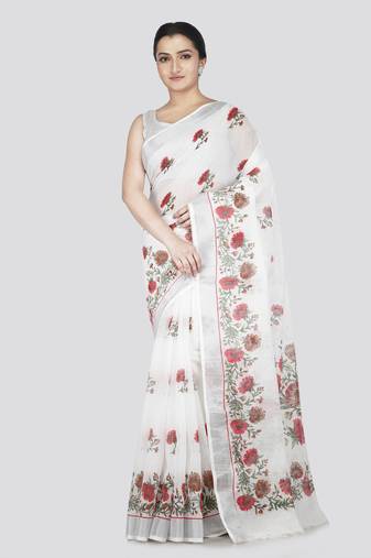Pinkloom women's white cotton-sarees with running blouse piece