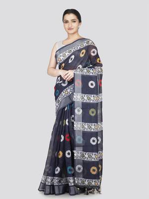 Pinkloom women's blue linen-saree with running blouse piece 1