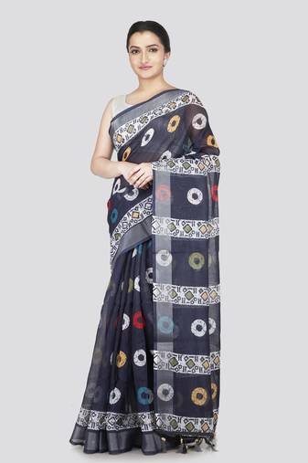 Pinkloom women's blue linen-saree with running blouse piece