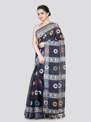 Pinkloom women's blue linen-saree with running blouse piece 2