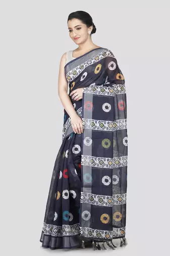 Pinkloom women's blue linen-saree with running blouse piece