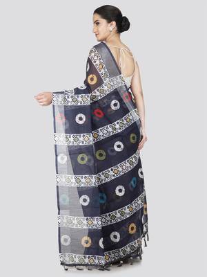 Pinkloom women's blue linen-saree with running blouse piece 3