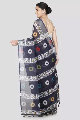 Pinkloom women's blue linen-saree with running blouse piece
