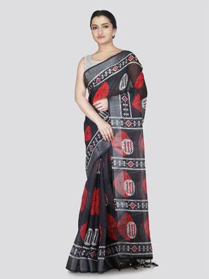 Pinkloom women's black linen-saree with running blouse piece 1