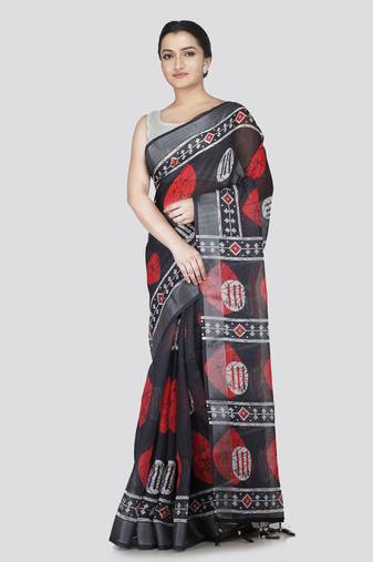 Pinkloom women's black linen-saree with running blouse piece