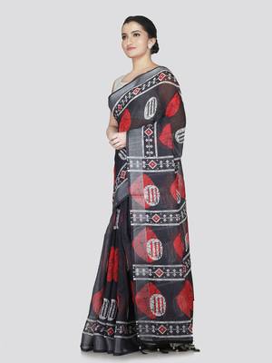 Pinkloom women's black linen-saree with running blouse piece 2