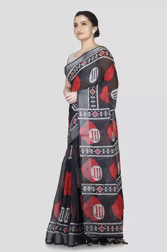 Pinkloom women's black linen-saree with running blouse piece