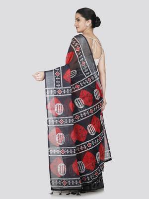 Pinkloom women's black linen-saree with running blouse piece 3