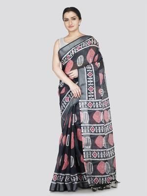 Pinkloom women's black linen-saree with running blouse piece 1