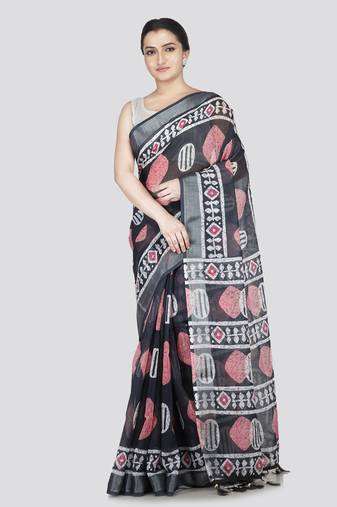 Pinkloom women's black linen-saree with running blouse piece