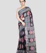 Pinkloom women's black linen-saree with running blouse piece