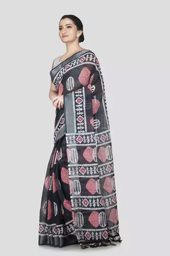 Pinkloom women's black linen-saree with running blouse piece