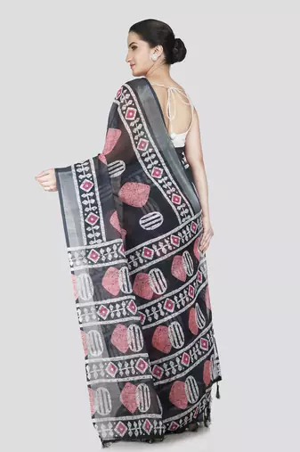 Pinkloom women's black linen-saree with running blouse piece