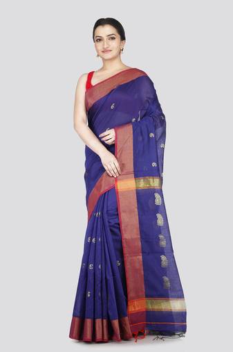 Pinkloom women's blue cotton-silk-sarees with running blouse piece