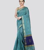 Pinkloom women's turquoise cotton-silk-sarees with running blouse piece