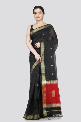 Pinkloom women's black cotton-silk-sarees with running blouse piece