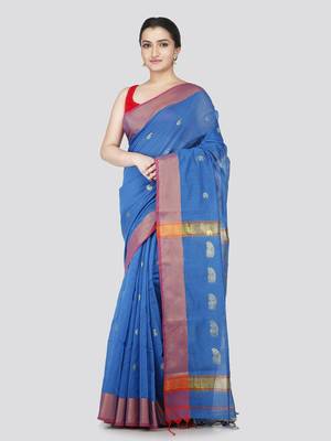 Pinkloom women's blue cotton-silk-sarees with running blouse piece 1
