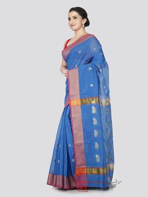 Pinkloom women's blue cotton-silk-sarees with running blouse piece 2