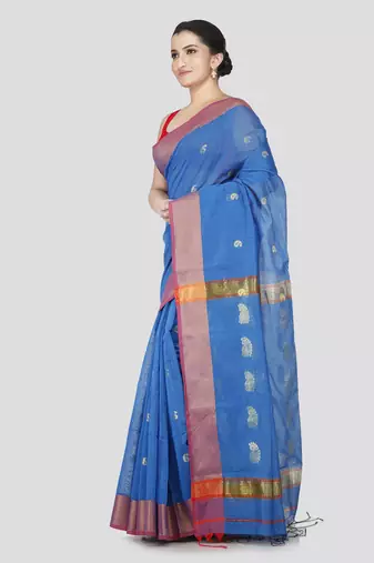 Pinkloom women's blue cotton-silk-sarees with running blouse piece