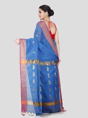 Pinkloom women's blue cotton-silk-sarees with running blouse piece 3