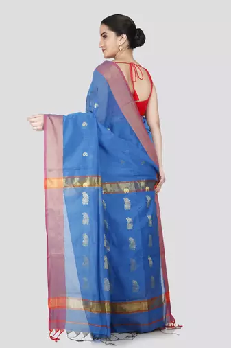 Pinkloom women's blue cotton-silk-sarees with running blouse piece