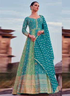 Turquoise real georgette embroidered anarkali suit 1