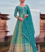 Turquoise real georgette embroidered anarkali suit