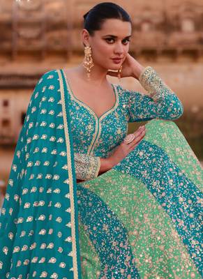 Turquoise real georgette embroidered anarkali suit 2