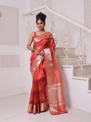 Red dual-tone tissue saree with zari borders 1