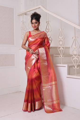 Red dual-tone tissue saree with zari borders