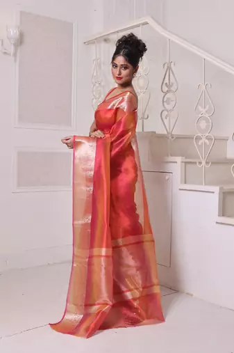 Red dual-tone tissue saree with zari borders
