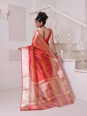 Red dual-tone tissue saree with zari borders 3