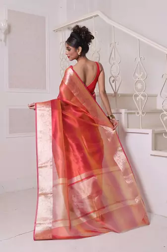 Red dual-tone tissue saree with zari borders
