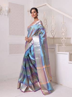 Teal dual-tone tissue saree with zari borders 2