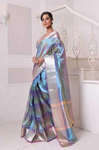 Teal dual-tone tissue saree with zari borders