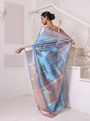 Teal dual-tone tissue saree with zari borders 3