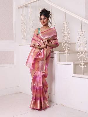 Pink dual-tone tissue saree with zari borders 1