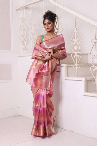 Pink dual-tone tissue saree with zari borders