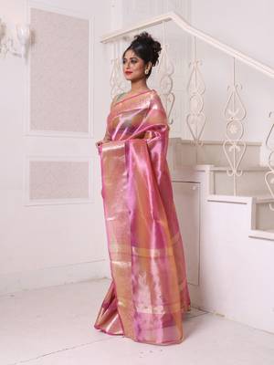 Pink dual-tone tissue saree with zari borders 2