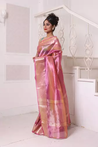 Pink dual-tone tissue saree with zari borders