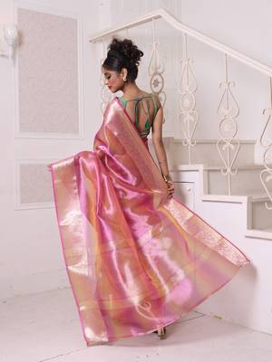 Pink dual-tone tissue saree with zari borders 3