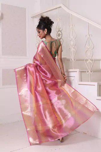 Pink dual-tone tissue saree with zari borders