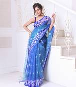 Sky blue muslin saree with jamdani designs