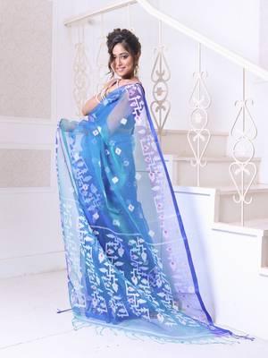 Sky blue muslin saree with jamdani designs 2